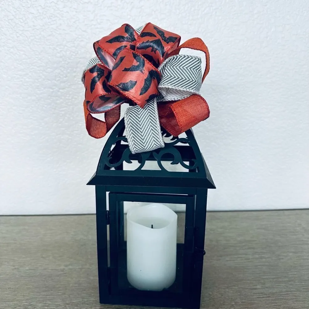 Halloween Bat Ribbon Bow Black Metal Lantern Candle Holder Decor